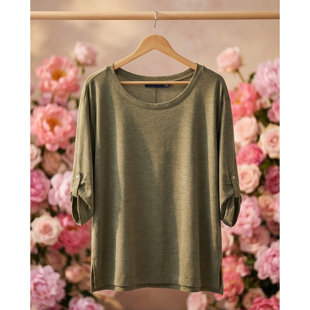Adrienne Vittadini 100% Linen Knit Top Olive Green Plus Size 1X Button‎ Back